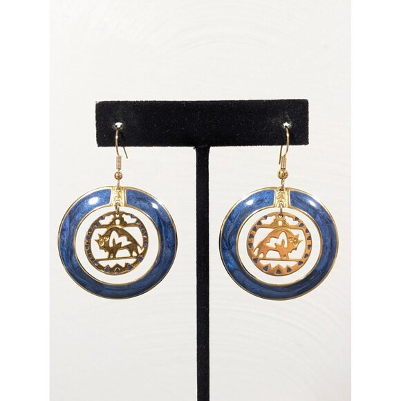 Vintage Berebi Western Buffalo Blue Enamel Gold Tone Round Hoop Dangle Earrings - Picture 8 of 8